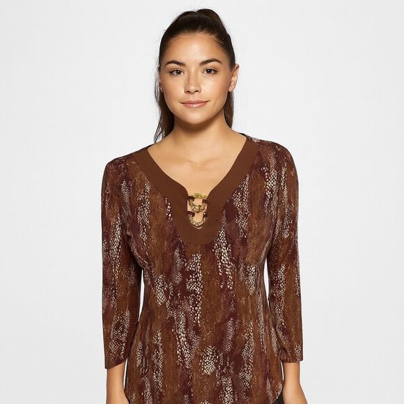 Vintage Brown Beige V Neck Animal Snake Print 3/4 quarter Sleeve Blouse size L - Picture 1 of 9